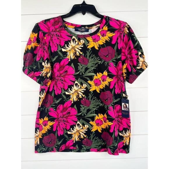 RACHEL Rachel Roy Floral Print Short Sleeve Top Size M Puff Sleeve - Picture 2 of 11